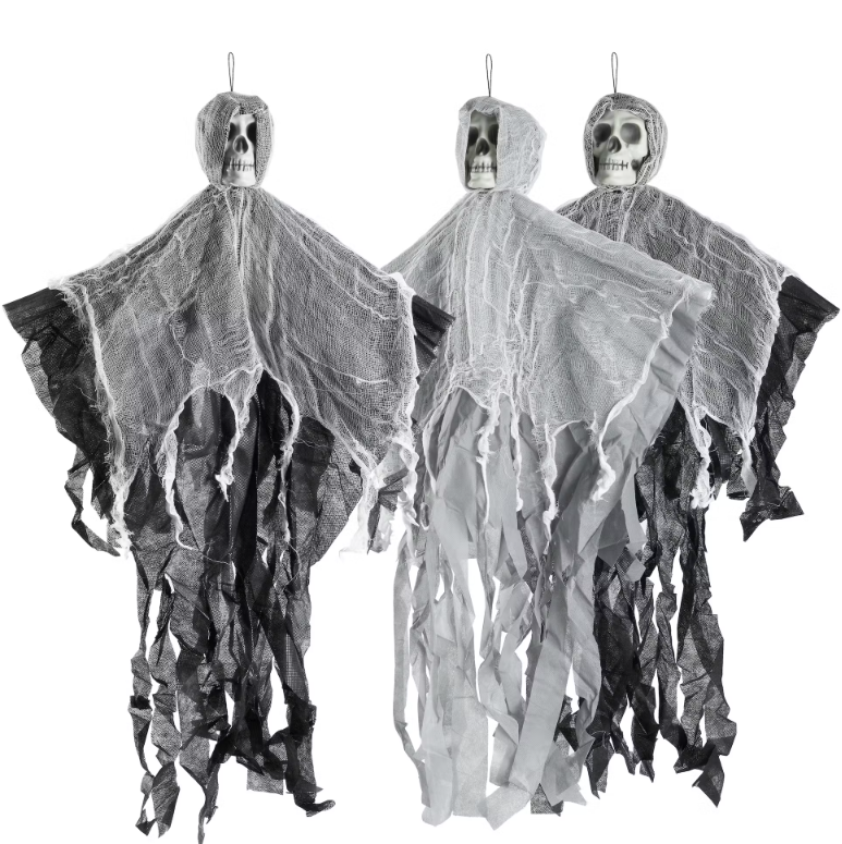 3 gruselige Sensenmann-Schädel Skelette, erweiterbare Arme – Halloween-Party-Requisiten zum Aufhängen