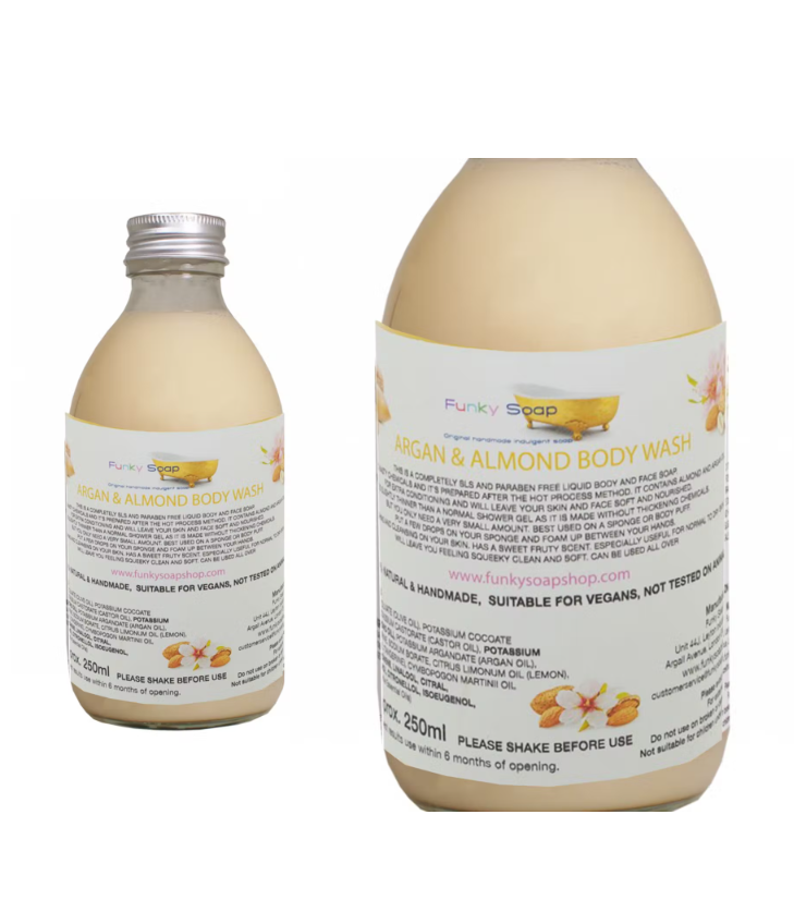 Argan Oil & Almond Body Wash, Glass Bottle of 250ml